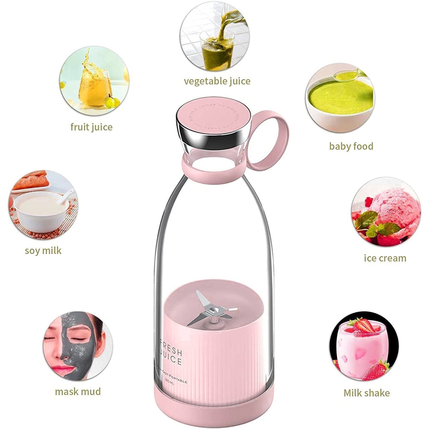 Portable Travel Juice Blender with Pink Base, 420ml Capacity, Fresh Fruit Smoothie Maker, Travel Bottle Juicer