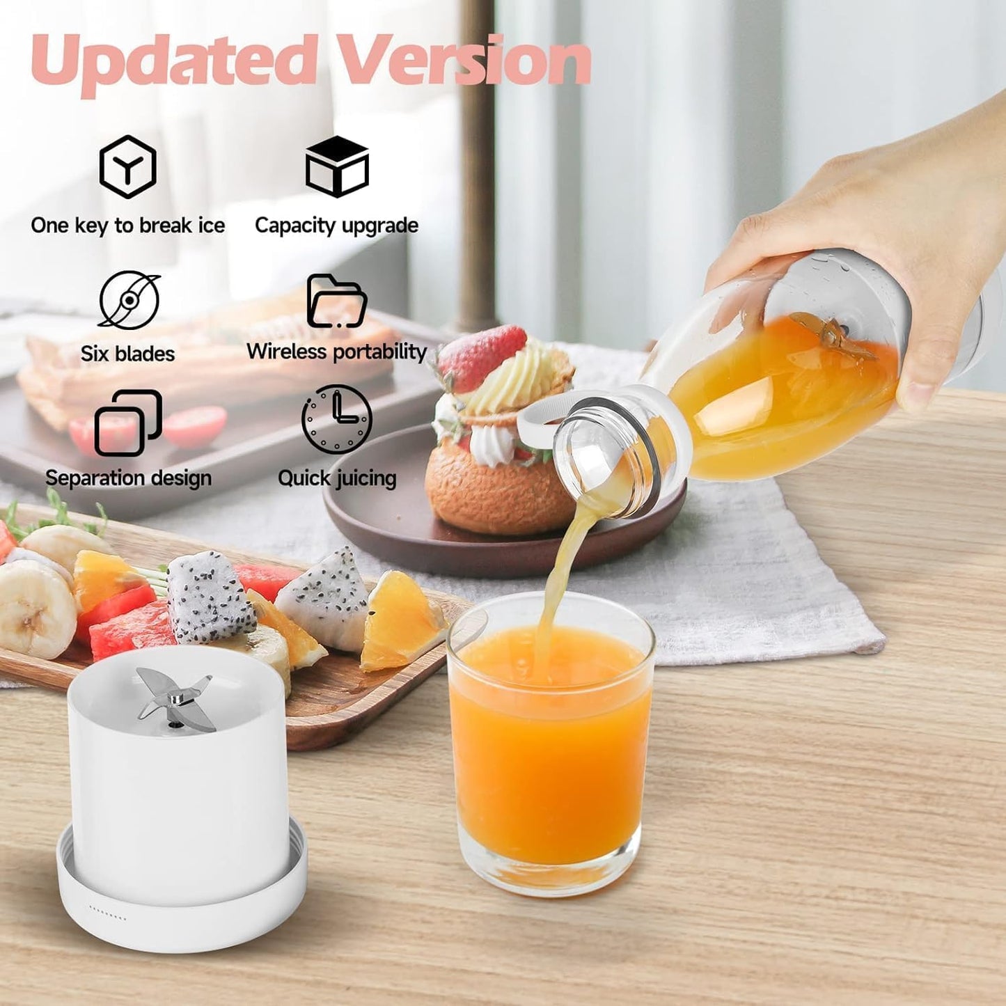 Portable Travel Juice Blender with Pink Base, 420ml Capacity, Fresh Fruit Smoothie Maker, Travel Bottle Juicer
