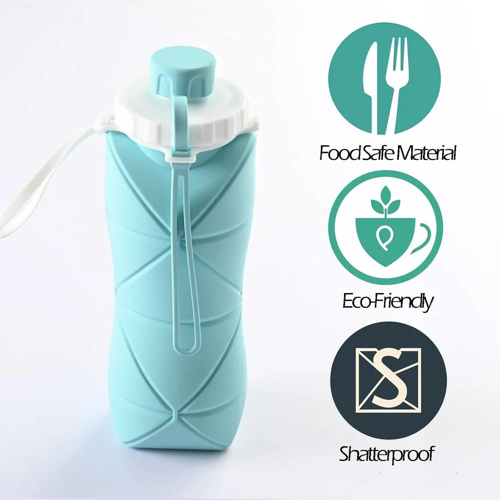 Folding Silicone Water Bottle - Collapsible bottle for Travel, Cycling, Gym, Camping - 600 Ml, Leak-proof Lid, BPA-Free Wide Mouth, Durable, Foldable Bottle (Multicolor)