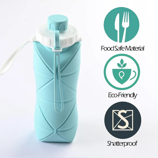 Folding Silicone Water Bottle - Collapsible bottle for Travel, Cycling, Gym, Camping - 600 Ml, Leak-proof Lid, BPA-Free Wide Mouth, Durable, Foldable Bottle (Multicolor)