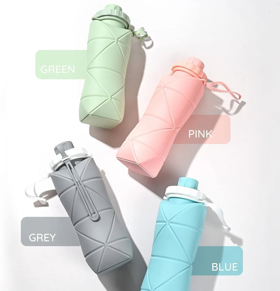 Folding Silicone Water Bottle - Collapsible bottle for Travel, Cycling, Gym, Camping - 600 Ml, Leak-proof Lid, BPA-Free Wide Mouth, Durable, Foldable Bottle (Multicolor)