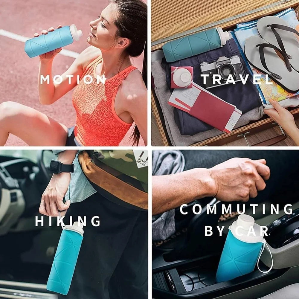 Folding Silicone Water Bottle - Collapsible bottle for Travel, Cycling, Gym, Camping - 600 Ml, Leak-proof Lid, BPA-Free Wide Mouth, Durable, Foldable Bottle (Multicolor)