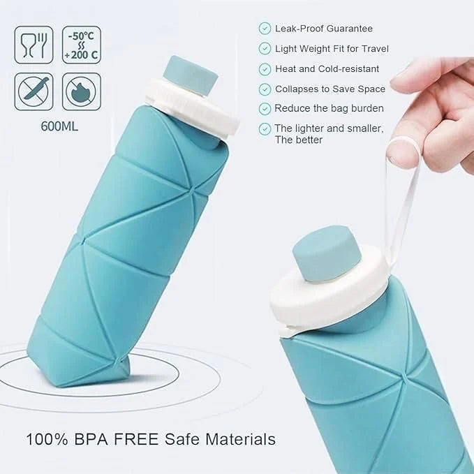 Folding Silicone Water Bottle - Collapsible bottle for Travel, Cycling, Gym, Camping - 600 Ml, Leak-proof Lid, BPA-Free Wide Mouth, Durable, Foldable Bottle (Multicolor)