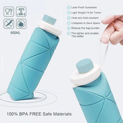 Folding Silicone Water Bottle - Collapsible bottle for Travel, Cycling, Gym, Camping - 600 Ml, Leak-proof Lid, BPA-Free Wide Mouth, Durable, Foldable Bottle (Multicolor)