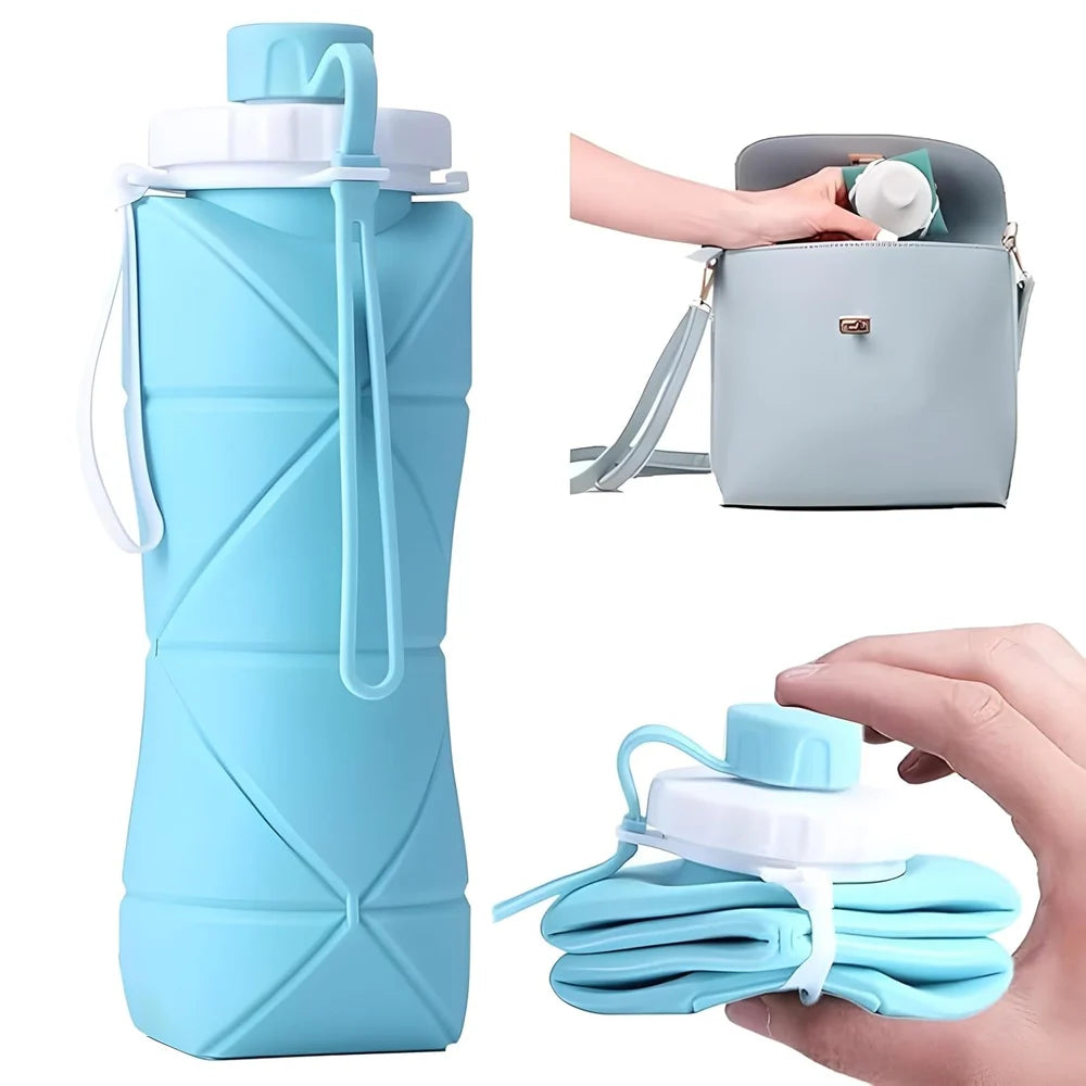 Folding Silicone Water Bottle - Collapsible bottle for Travel, Cycling, Gym, Camping - 600 Ml, Leak-proof Lid, BPA-Free Wide Mouth, Durable, Foldable Bottle (Multicolor)